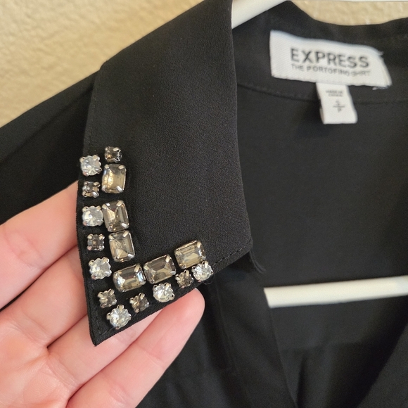 Express Women Portofino Black Button up Shirt With Rhinestones Size Small Career - Picture 3 of 14
